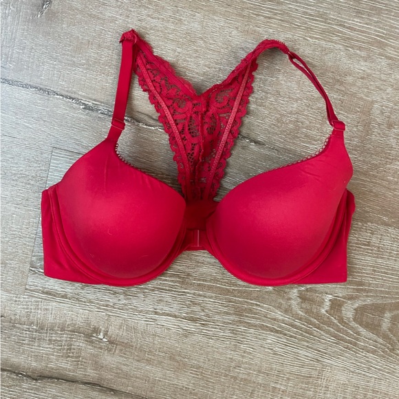 Victoria's Secret Red Satin Bra with red lace racer back Size 36D - Picture 1 of 12